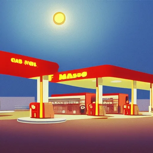 Image similar to a matte painting of a gas station at night by james gilleard, emiliano ponzi, george ault, bauhaus, retrofuturism, concept art, matte background, matte drawing