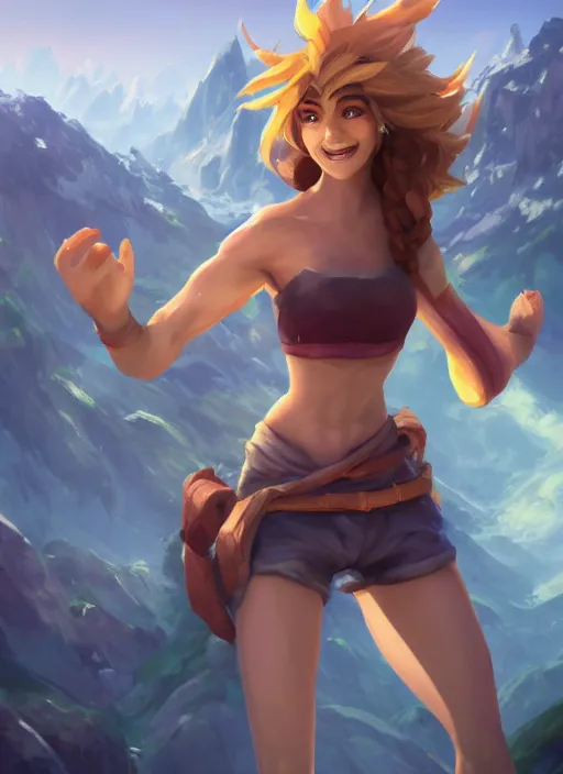Image similar to joyful taliyah, from league of legends, au naturel, with abs, rock climbing, hyper detailed, mountain background, digital art, trending in artstation, cinematic lighting, studio quality, smooth render, unreal engine 5 rendered, octane rendered, art style by klimt and nixeu and ian sprigger and wlop and krenz cushart