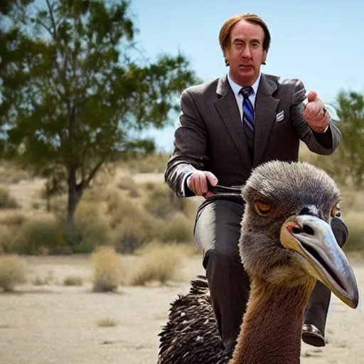 Prompt: saul goodman riding an ostrich