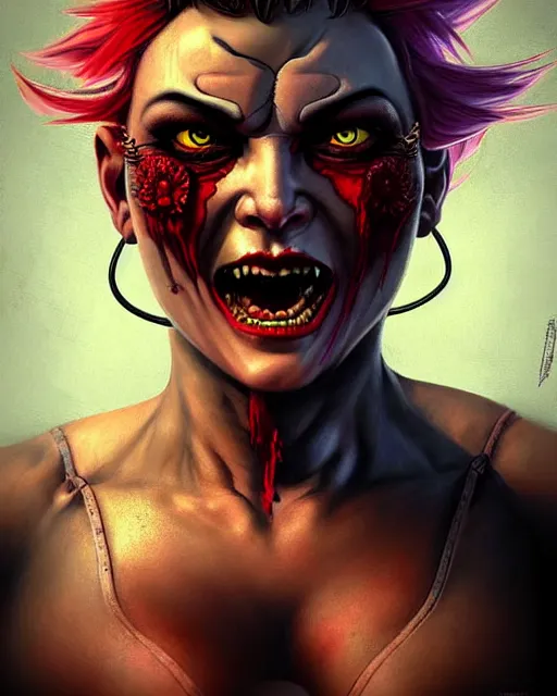 Image similar to zarya from overwatch, with an evil and crazy look inn her eyes, character portrait, portrait, close up, concept art, intricate details, highly detailed, horror poster, horror, vintage horror art, realistic, terrifying, in the style of michael whelan, beksinski, and gustave dore