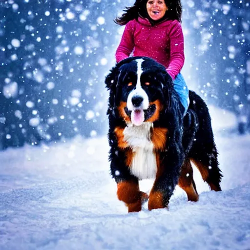 Image similar to girl riding giant Bernese Mountain Dog in the snow, trending on artstation