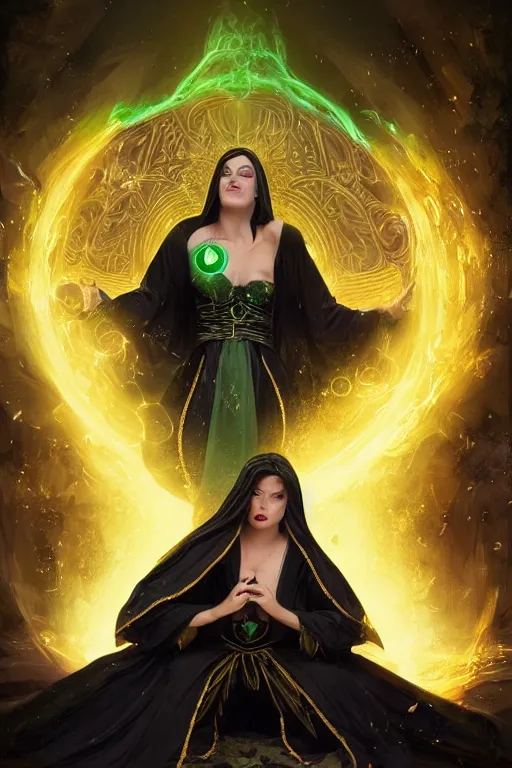 Image similar to a sorceress wearing a black robe with gold embroidery, sitting at table, casting a spell, green glows, painted by artgerm and tom bagshaw and wlop and stefan kostic, in the style of magic the gathering, highly detailed digital art