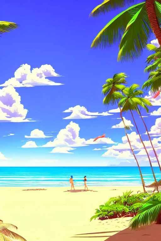 Image similar to beach, ocean, palm trees, sunshine, first person view, scenery wallpaper aesthetic, beautiful, cinematic, dramatic, super detailed and intricate, hyper realistic, 4 k render, by koson ohara, by darwyn cooke, by satoshi kon, by kentaro miura