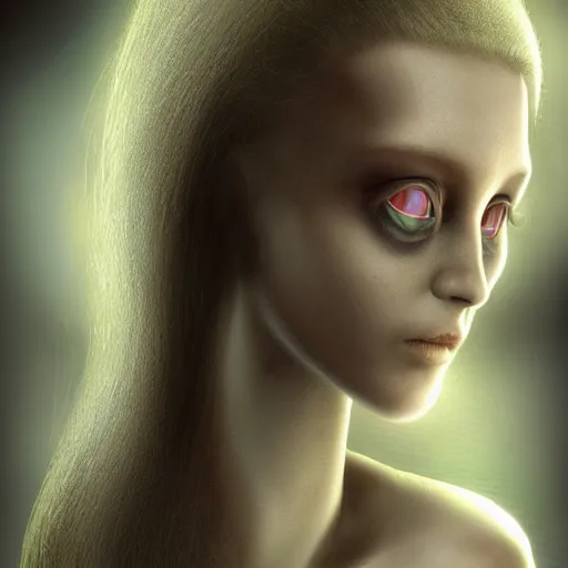 Image similar to A young beautiful female extraterrestrial-cyborg face with a very long neck, big clear eyes, thin nose, big lips, hair floating in the wind:: alien is from the future, Realistic, Refined, Detailed Digital Art, Pre-Raphaelite,Renaissance, Highly Detailed, Cinematic Lighting, rim light, black and white, photo-realistic Unreal Engine, 8K