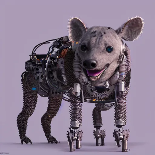Image similar to pet robot hyena, cyborg with exposed wires and metal, lights, camera lenses for eyes, realistic high quality concept art