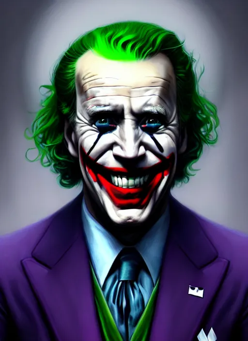 Image similar to portrait of joe biden as the joker, green hair, intricate, elegant, glowing lights, highly detailed, digital painting, artstation, concept art, sharp focus, illustration, art by wlop, mars ravelo and greg rutkowski