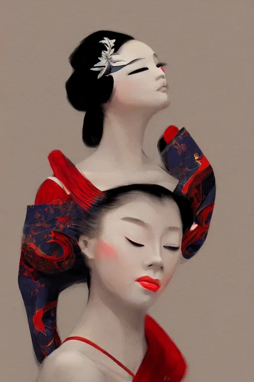 Image similar to geisha prima ballerina, intricate, portrait, elegant, volumetric lighting, digital painting, highly detailed, artstation, sharp focus, illustration, concept art, ruan jia, steve mccurry