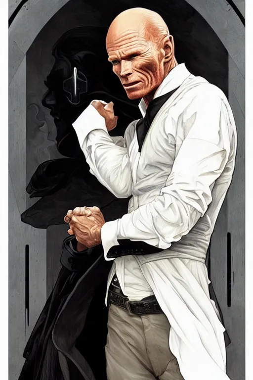 Image similar to ed harris as the man in black, westworld, wearing an all white outfit in the style of art by artgerm and greg rutkowski and alphonse mucha