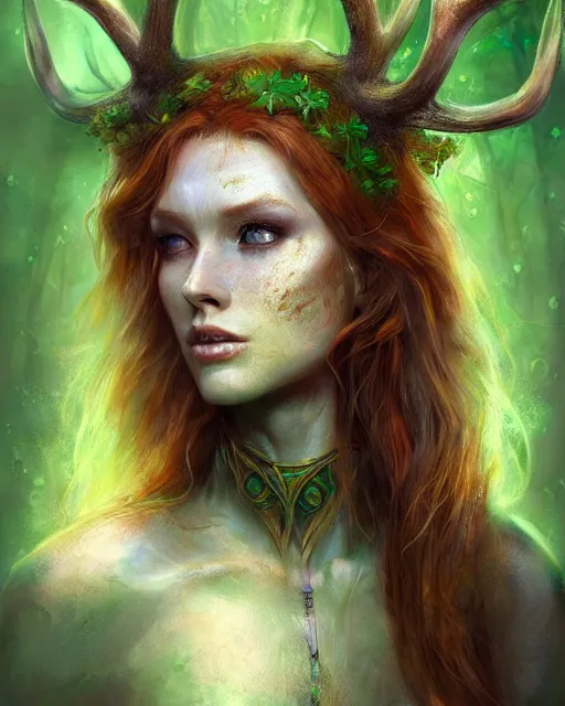 Image similar to female druid, perfect face, thin antlers, green tunic, ginger hair, cinematic, freckles, stunning, abs, highly detailed, psychedelic, digital painting, artstation, smooth, hard focus, illustration, art by jessica rossier and and brian froud