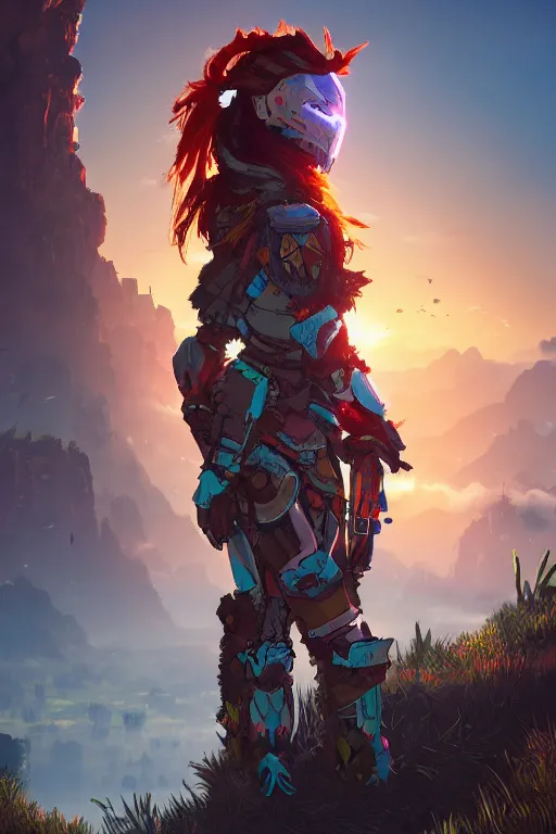 Image similar to combination suit armor aloy horizon forbidden west horizon zero dawn radiating a glowing aura global illumination ray tracing hdr fanart arstation by ian pesty and alena aenami artworks in 4 k tribal robot ninja mask helmet backpack