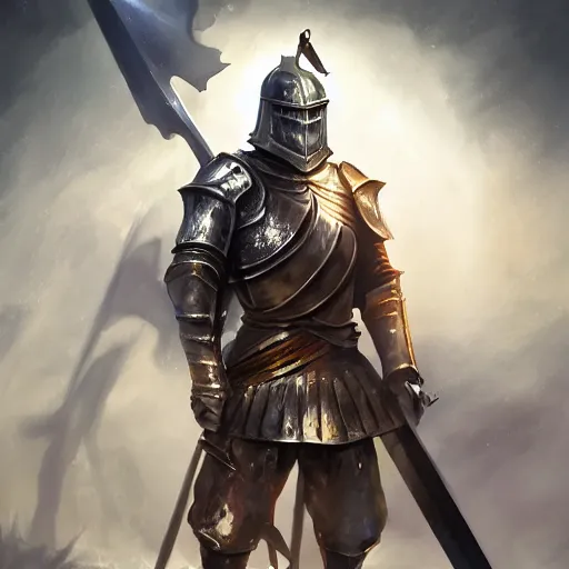 Prompt: legendary knight standing with heroic pose in great lighting with magical sword in hand, artstation