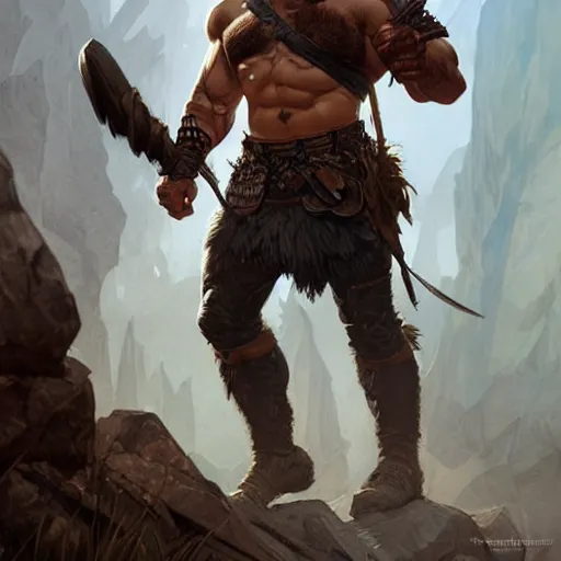 Image similar to a rugged barbarian ranger, handsome, upper body, muscular, exposed thighs, D&D, fantasy, intricate, elegant, highly detailed, digital painting, artstation, concept art, matte, sharp focus, illustration, art by Artgerm and Greg Rutkowski and Alphonse Mucha