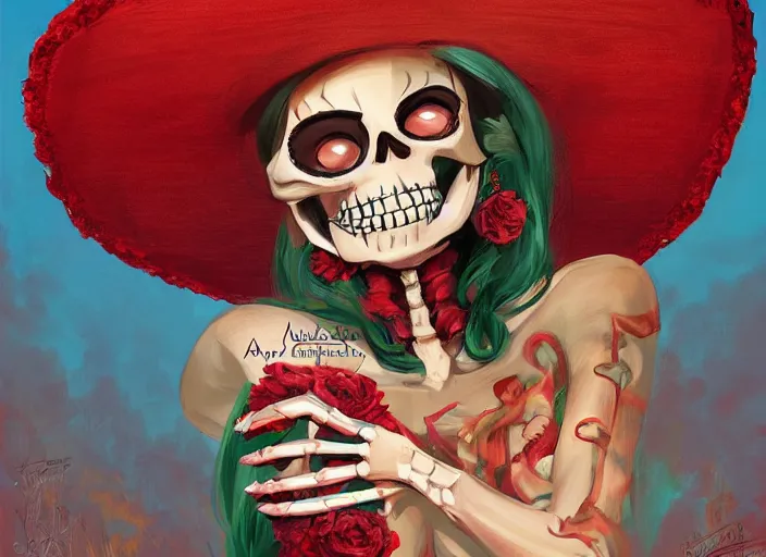 Image similar to cute & beautiful smiling mexican undead skeleton girl wearing a sombrero and a wide red dress, elegant, digital art, fantasy, pixar style, painting, pin up, highly detailed, artstation, art by artgerm, vrubel and boris vallejo