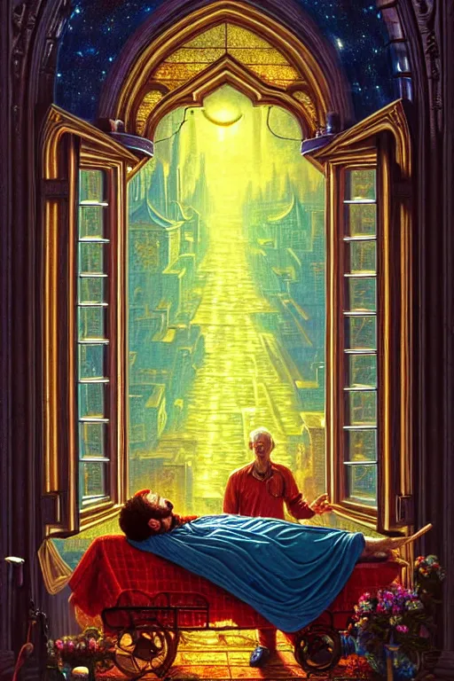 Prompt: a photorealistic detailed cinematic image of a man on his deathbed, assisted to the afterlife. ornate window, kingdom, met by friends and family, overjoyed, emotional, compelling, by pinterest, david a. hardy, kinkade, lisa frank, wpa, public works mural, socialist