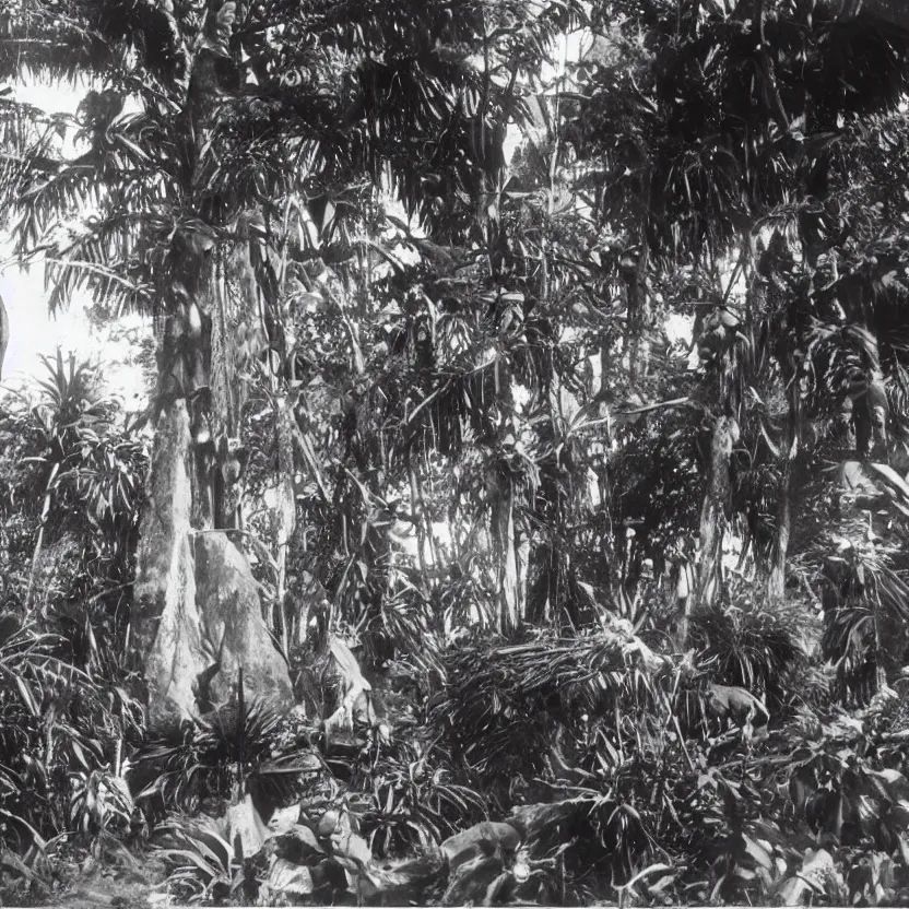 Image similar to a rizom lost film footage of a sacred ( ( ( ( ( ( ( indigenous ) ) ) ) ) ) ) artifact in the middle of the ( ( ( ( ( ( ( ( ( ( tropical jungle ) ) ) ) ) ) ) ) ) ) / ethnographic object / film still / cinematic / enhanced / 1 9 0 0 s / black and white / grain