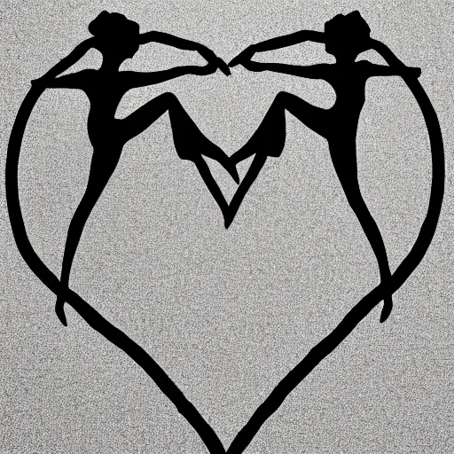 Image similar to clean black and white print on white paper, high contrast, logo of stylized dancer silhouette forming a symmetric heart