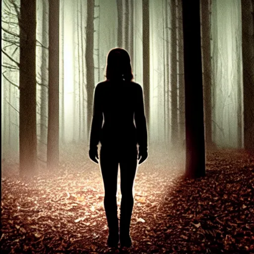 Prompt: emma watson, found footage, blair witch, woods, front light, night