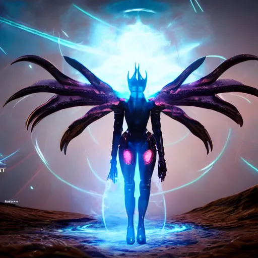 Image similar to the most beautiful cosmic android robot female devil, long glowing horns, huge wispsy wings, devil wings, into the cosmic sun, photo pic by unreal engine