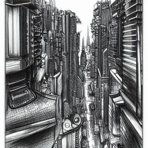 Prompt: a pencil drawing of cyberpunk Manila in the far future