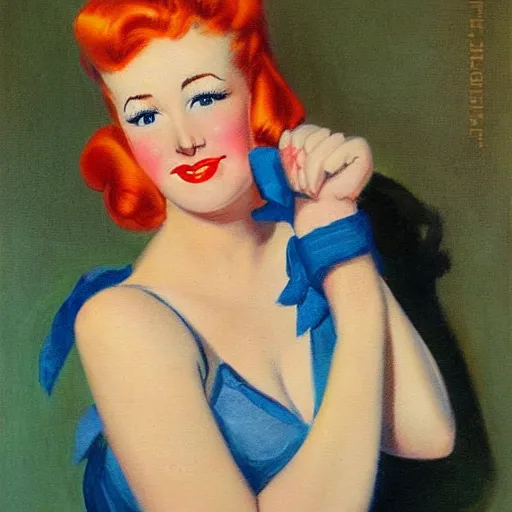 Image similar to pinup girl, cartoon, soft orange hair, beautiful, romantic, fair skin, 1 9 4 0's, normal rockwell, oil painting