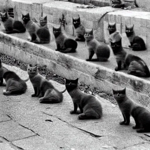 Prompt: a platoon of cats in soldier uniforms in Vietnam, photograph