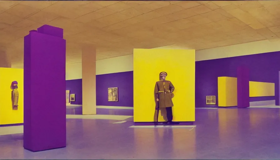 Prompt: 60s movie still of a sovietic stalinist style empty art museum with a soviet congress with yellow wall, LOMOCHROME PURPLE FILM 100-400 35MM, liminal Space style, heavy grain
