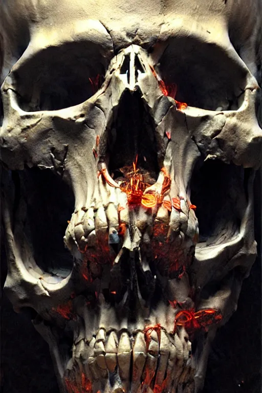 Image similar to skull with glowing runes etched into the bone, erupting out of a face, extreme close up, horrific, extreme detail, visceral, portrait dnd, painting by gaston bussiere, craig mullins, greg rutkowski, yoji shinkawa