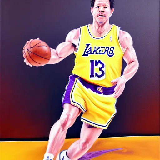 Image similar to portrait of mark wahlberg playing basketball in a lakers uniform, oil on canvas by william sidney mont, trending on art station