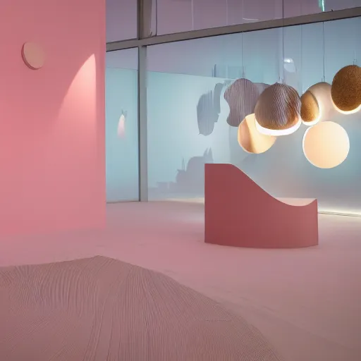 Prompt: An ultra high definition, professional photograph of a partial IKEA showroom inspired sculpture located on a pastel pink beach ((with pastel pink, dimpled sand where every item is pastel pink. The sun can be seen rising through a window in the showroom.)) The showroom unit is outdoors and the floor is made of dimpled sand. Morning time indirect lighting with on location production lighting on the showroom. In the style of wallpaper magazine, Wes Anderson.