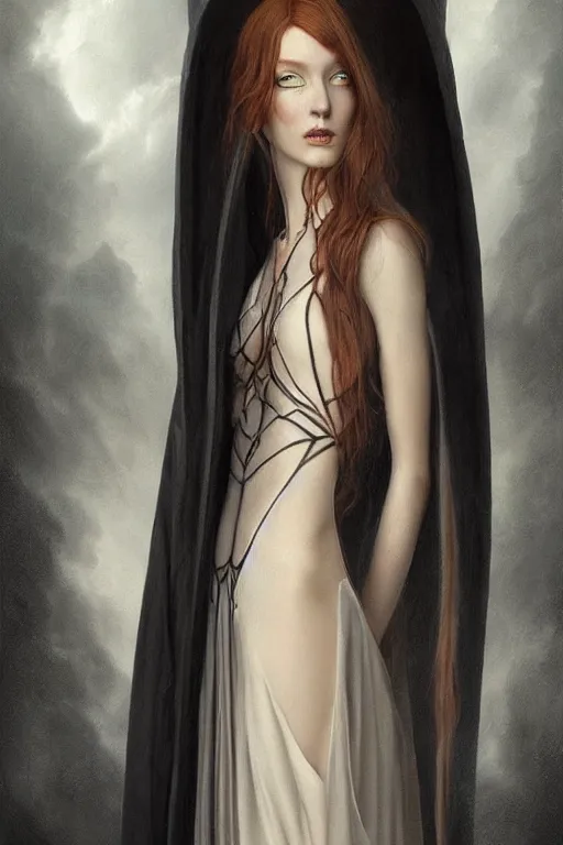Image similar to ultra realist soft painting of a single gothic mage in a full long curvy slim dress in Elden Ring, thin long auburn hair, symmetry accurate features, very intricate details, volumetric lighting, by Tom Bagshaw Boris Vallejo