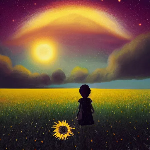 Image similar to giant black daisy flower as a face, girl walking in wheat field, hills, surreal photography, dark night, star trails, dramatic light, impressionist painting, clouds, digital painting, artstation, simon stalenhag