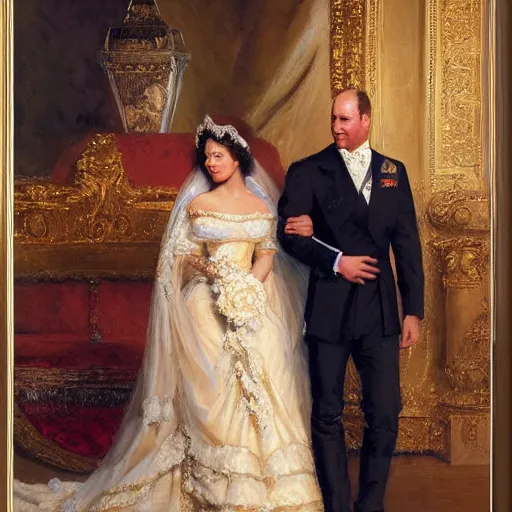 Image similar to detailed painting of prince william marrying attractive kim kardashian, highly detailed painting by gaston bussiere, craig mullins, j. c. leyendecker 8 k, smiling couple, royal painting