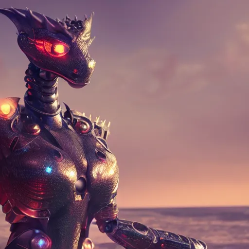 Prompt: a highly detailed beautiful anthropomorphic robot female dragon with smooth and streamlined armor, doing an elegant pose on the beach, artstation, DeviantArt, professional, octane render