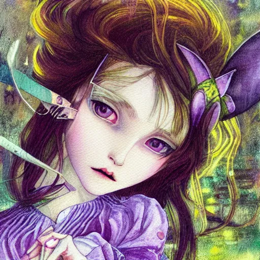 Image similar to little elf girl, grunge outfit, soft hair. light color palate, purple, yellow and white. detailed soft painting, ayami kojima, made in abyss, anatomically correct, inspired in balthus, high detailed face anime, vogue magazine, glorious composition