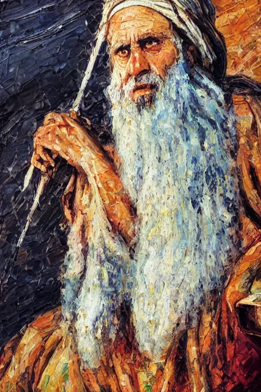 Prompt: highly detailed palette knife oil painting of a historically accurate depiction of the ancient biblical israeli prophet moses, thoughtful, by Peter Lindbergh, impressionistic brush strokes, painterly brushwork