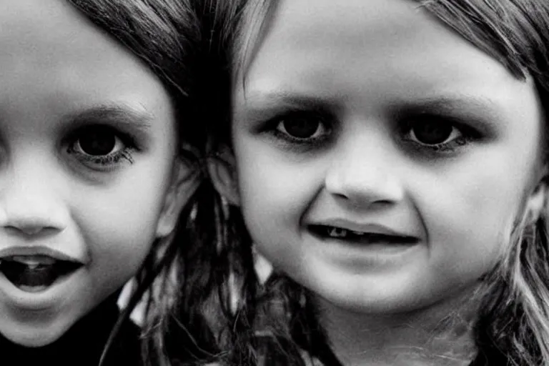 Prompt: evil kids with black alien eyes, creepy, demonic