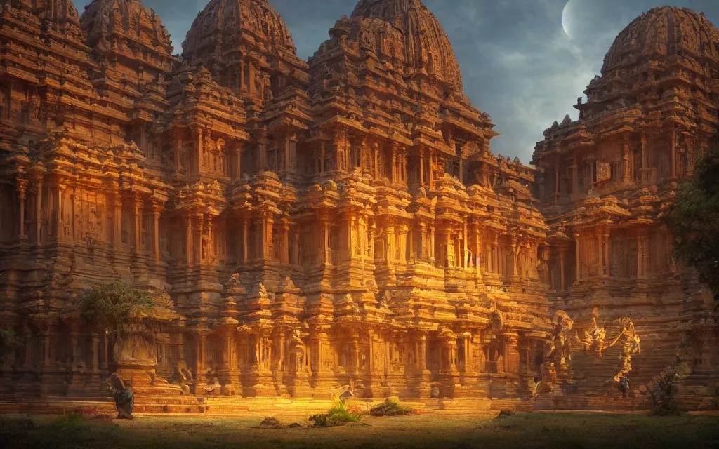 Prompt: High Fantasy solitary Hindu temple typical of the Hampi style ! on a plain near a river, colorful sculptural motifs Intricate, detailed , artistic , volumetric lights warm. Joyful matte painting by Darek Zabrocki and Emmanuel Shiu, 4k ultra detailed, great composition cinematic.