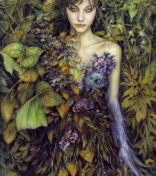 Image similar to fey queen of the summer forest, dress of leaves, fine features, thin, young, silver shimmering hair, by brian froud, stars, night colors, oil on canvas, oil panting