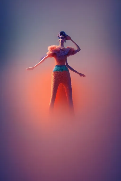 Image similar to a model wearing haute couture from chanel in an environment envisioned by killian eng and moebius, macro photography, long exposure photograph, surrealism, anamorphic bokeh, cozy, soft light, orange and teal, caustic, atmospheric fog, octane render, cinematic