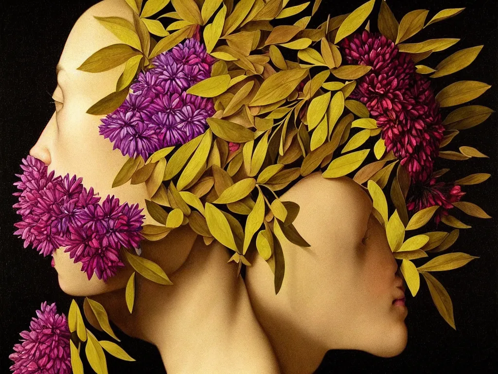 Prompt: hyperrealistic still life portraita womans face in profile, made of flowers and leaves, sacred geometry, light refracting through prisms in a tesseract, by caravaggio, botanical print, surrealism, vivid colors, serene, golden ratio, rule of thirds, negative space, minimalist composition