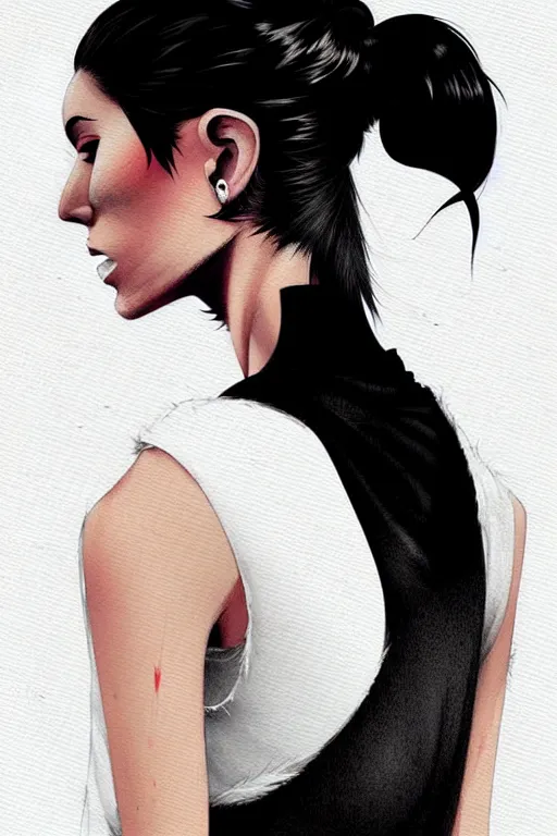 Image similar to a ultradetailed beautiful painting of a stylish woman in with white hair in a ponytail, she is wearing a black tank top, by conrad roset, greg rutkowski and makoto shinkai trending on artstation