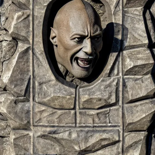 Image similar to dwayne the rock johnson as a grotesque medieval gargoyle, detailed stone texture 4 k photo