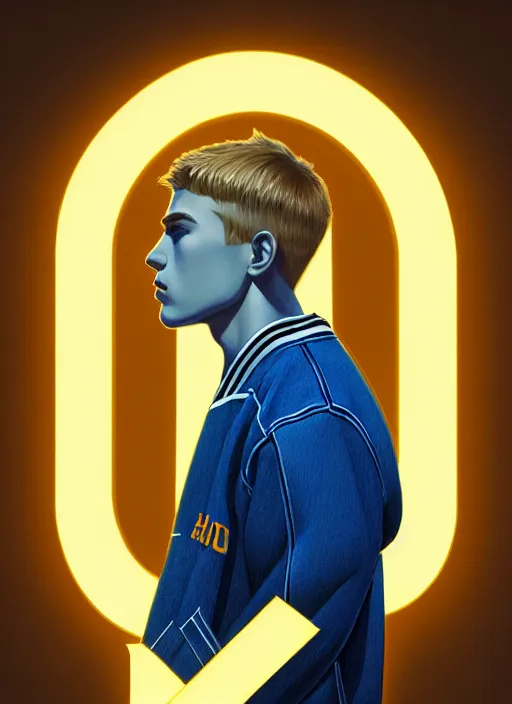 Image similar to portrait of high school senior boy named big moose, blonde short hair, jock, beefy, wide face, square jaw, square facial structure, blue varsity jacket with letter r, intricate, elegant, glowing lights, highly detailed, digital painting, artstation, concept art, sharp focus, illustration, art by wlop, mars ravelo and greg rutkowski