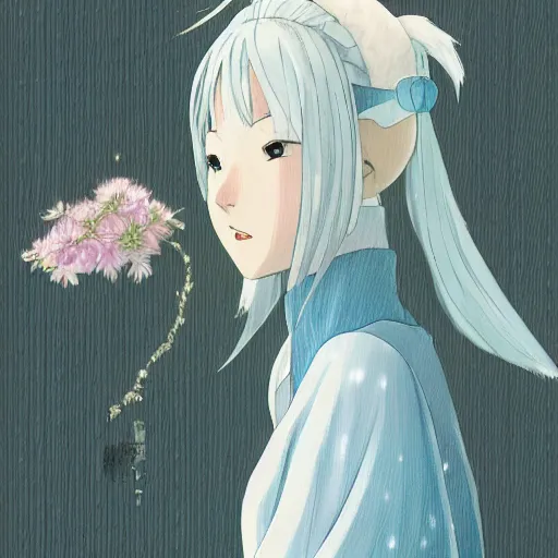 Image similar to Portrait of a japanese princess young lady, with white hair and bangs!!!! beauty artwork by Makoto Shinkai, Studio Ghibli, white hair, ayaka genshin impact, ayaka, ayaka game genshin impact, ayaka, extremely detailed, beautiful, establishing shot, artistic,