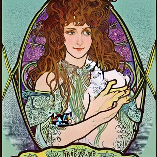 Prompt: lady with long curly hair reading tarot cards surrounded by cats in a gypsy tent, Alphonse Mucha, nouveau poster style with thin lines and pastel colors