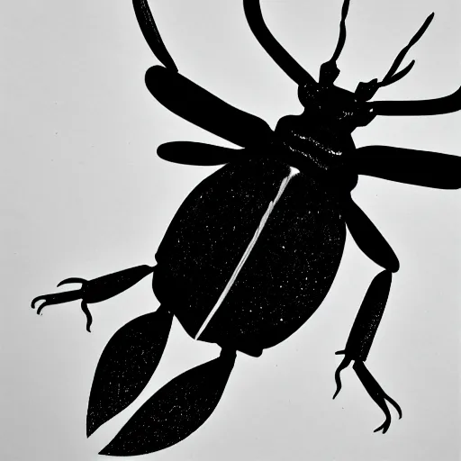 Image similar to black stag beetle full body, black and white, botanical illustration, black ink on white paper, bold lines