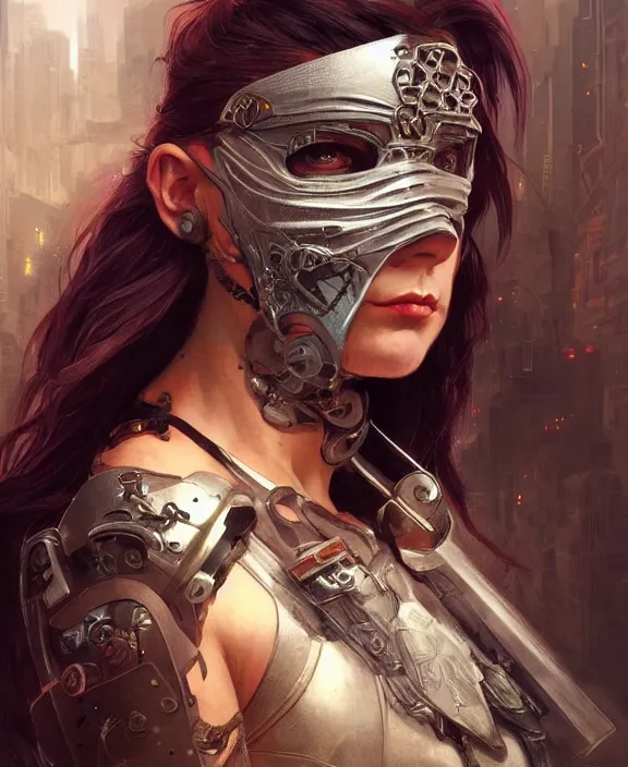 Image similar to portrait of a cyberpunk masked warrior, half body, d & d, fantasy, intricate, elegant, highly detailed, digital painting, artstation, concept art, art by artgerm and greg rutkowski and alphonse mucha