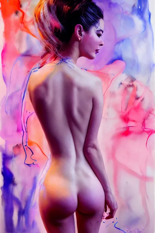 Prompt: sexy seductive little smile sophia vergara in nurse by agnes cecile enki bilal moebius, intricated details, lingerie, 3 / 4 back view, hair styled in a bun, bend over posture, full body portrait, extremely luminous bright design, pastel colours, drips, autumn lights