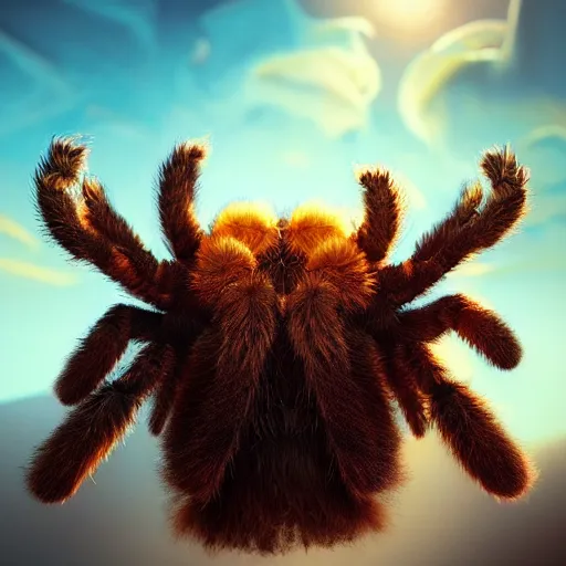 Image similar to colossal fluffy happy tarantula, golden hour, fantasy, vivid colors, sharp focus, digital art, hyper - realistic, 4 k, unreal engine, highly detailed, hd, dramatic lighting by brom, trending on artstation