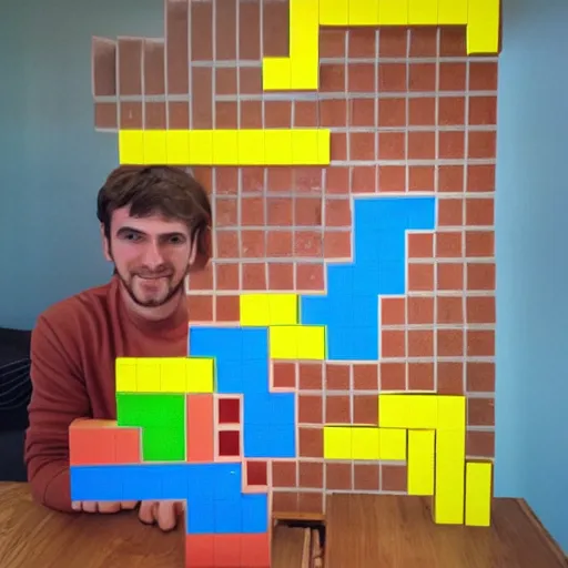 Image similar to “ man playing tetris in real life with giant blocks, real 4 k photo ”